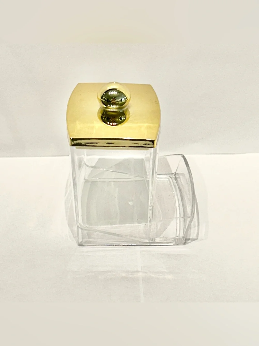 Clear Acrylic Cotton Swab Holder for Bathroom Organization with Gold Top EUC OBO
